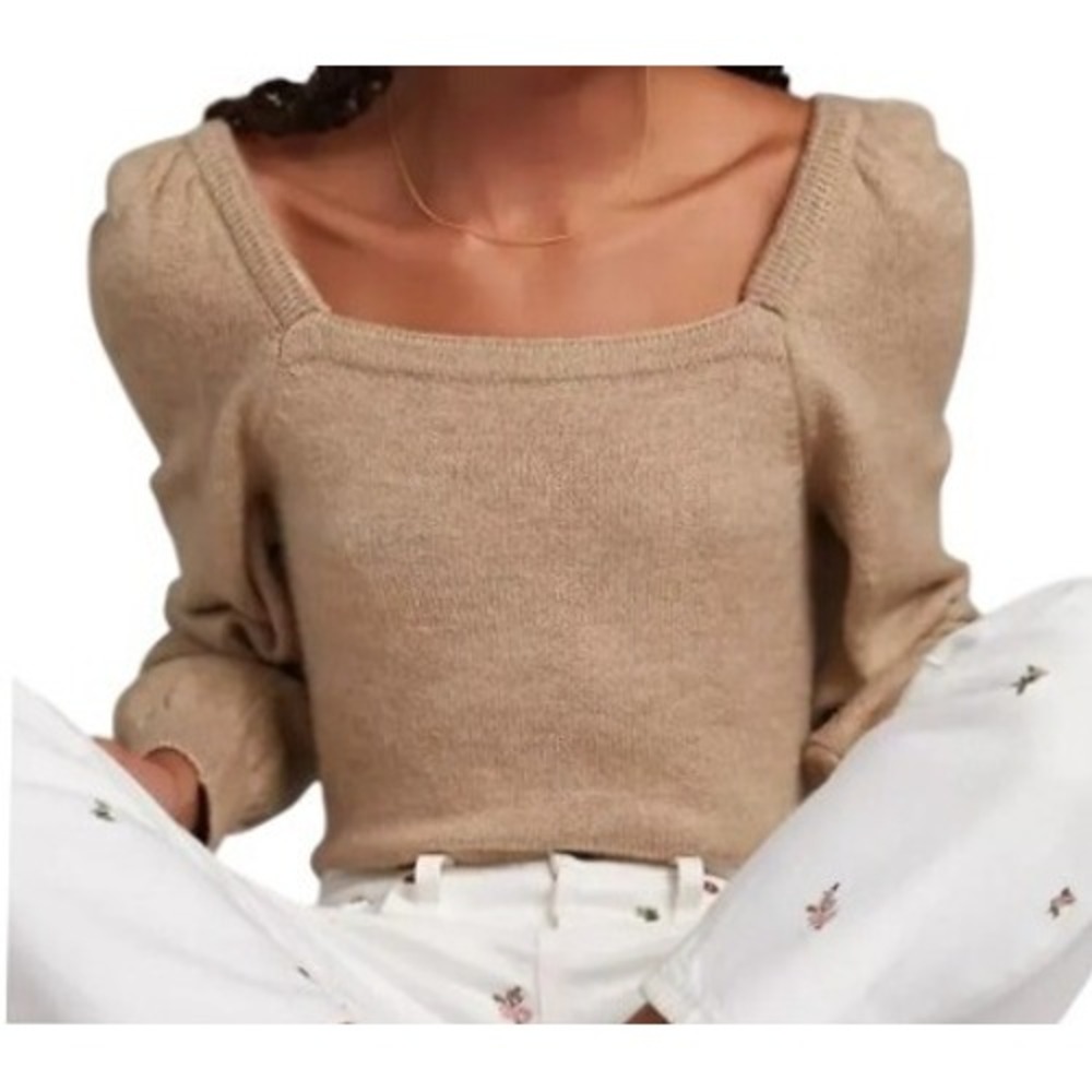 Anthropologie Womens M Beige Square Neck Puff Sleeve Knit Sweater
